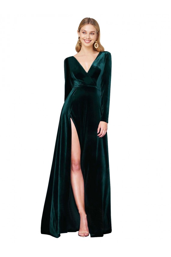 Achat Vert foncé Trapèze Col V Balayage train Velours Stretch Longue Formelles Robes demoiselle d'honneur / Robes de soirée / Robes de bal