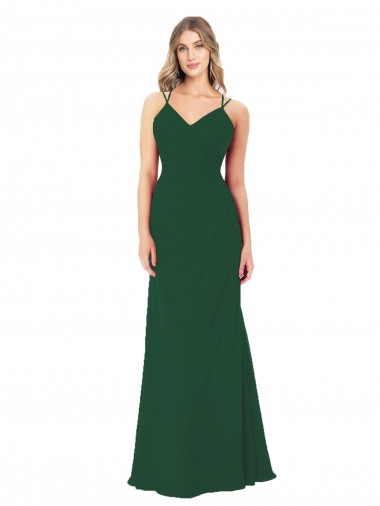 Achat Vert foncé Trapèze Col V Mousseline Longue Robes demoiselle d'honneur