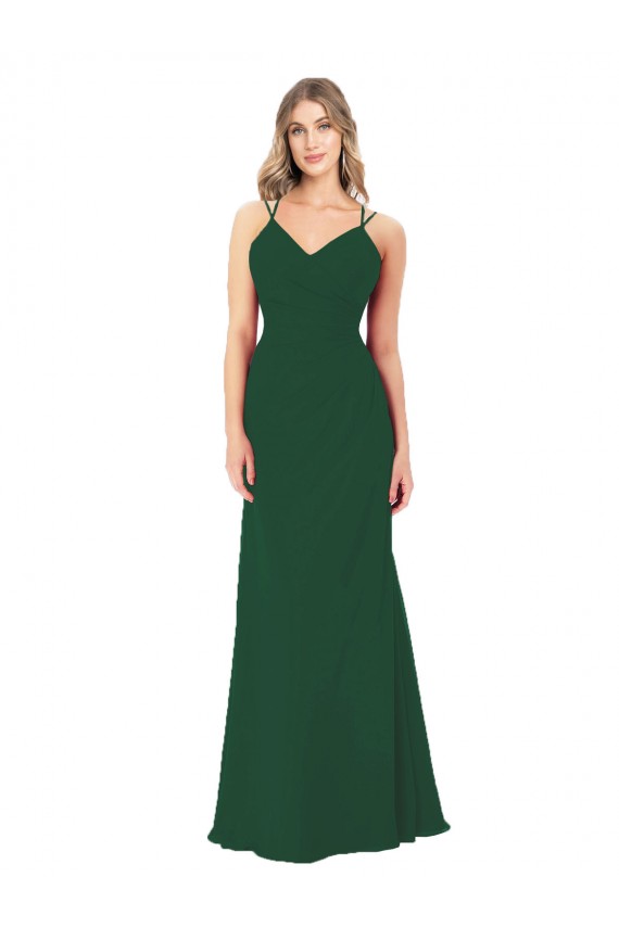 Achat Vert foncé Trapèze Col V Mousseline Longue Robes demoiselle d'honneur