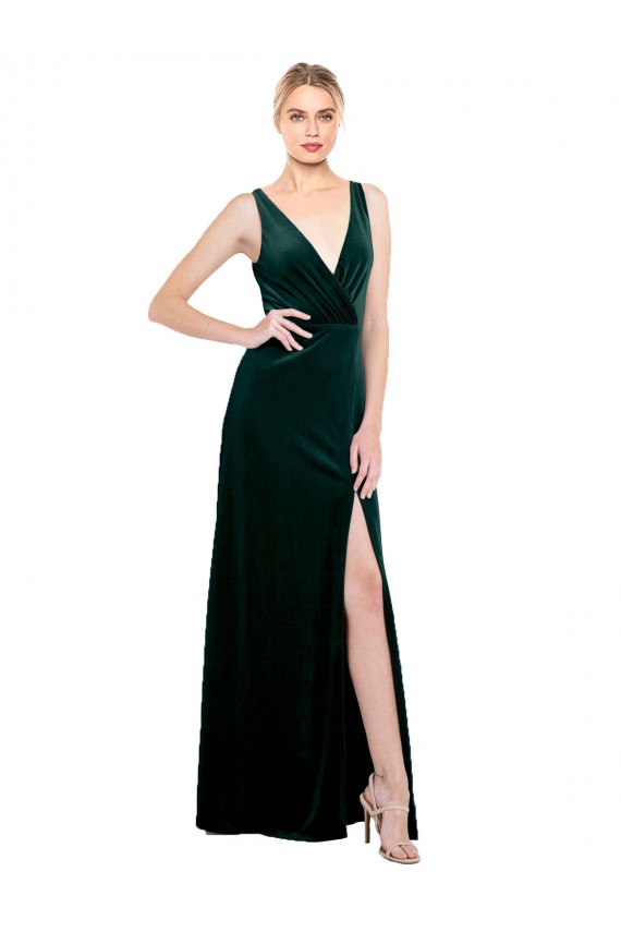 Achat Vert foncé Trapèze Col V Velours Stretch Longue Formelles Robes demoiselle d'honneur / Robes de soirée / Robes de bal