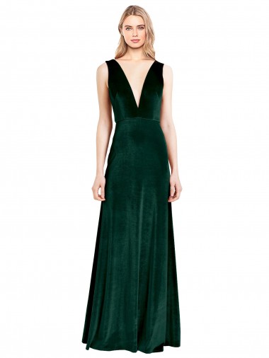 Achat Vert foncé Trapèze Col V Velours Stretch Longue Formelles Robes demoiselle d'honneur / Robes de soirée / Robes de bal