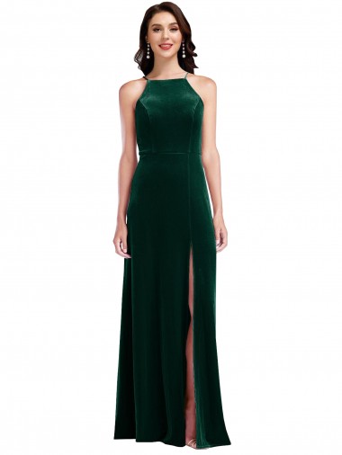 Achat Vert foncé Trapèze Licou Col Haut Velours Stretch Longue Robes demoiselle d'honneur / Robes de bal