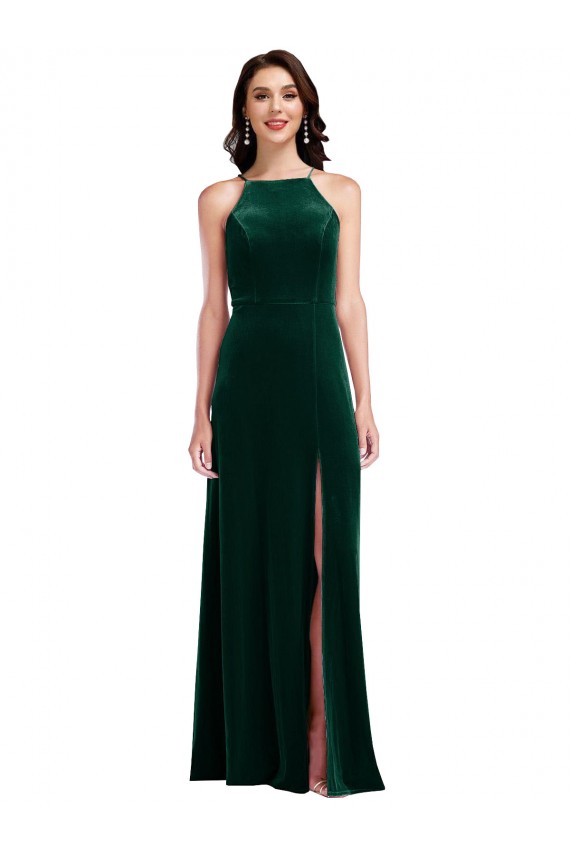 Achat Vert foncé Trapèze Licou Col Haut Velours Stretch Longue Robes demoiselle d'honneur / Robes de bal