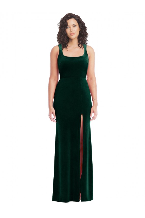 Achat Vert foncé Trompette Col Carré Velours Stretch Longue Robes demoiselle d'honneur / Robes de bal