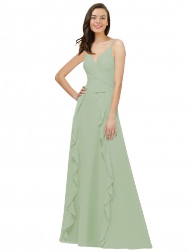 Achat Vert fumée Trapèze Bretelles spaghetti Col V Mousseline Longue Robes demoiselle d'honneur