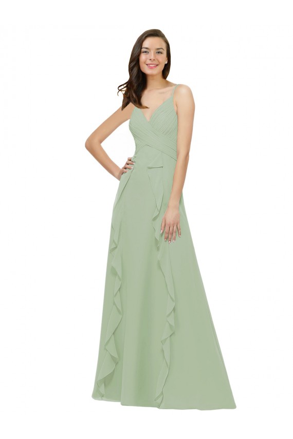 Achat Vert fumée Trapèze Bretelles spaghetti Col V Mousseline Longue Robes demoiselle d'honneur