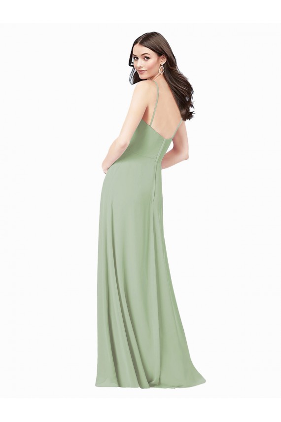 Achat Vert fumée Trapèze Bretelles spaghetti Mousseline Longue Robes demoiselle d'honneur