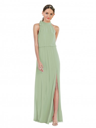 Achat Vert fumée Trapèze Col Haut Mousseline Longue Robes demoiselle d'honneur