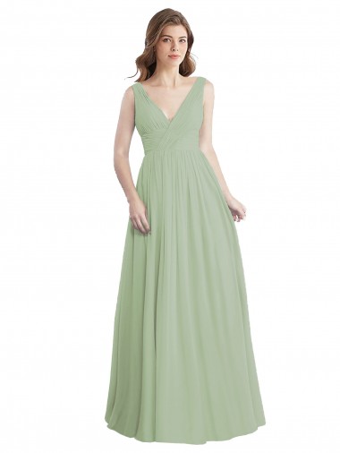 Achat Vert fumée Trapèze Col V Mousseline Longue Robes demoiselle d'honneur