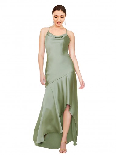 Achat Vert fumée Trapèze Satiné Soyeux Longue Asymétrique Formelles Robes demoiselle d'honneur / Robes de soirée / Robes de bal