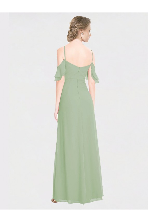 Achat Vert fumée Trapèze Épaule Dénudée Bretelles spaghetti Mousseline Longue Robes demoiselle d'honneur