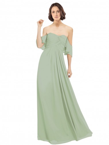 Achat Vert fumée Trapèze Épaule Dénudée Mousseline Longue Robes demoiselle d'honneur