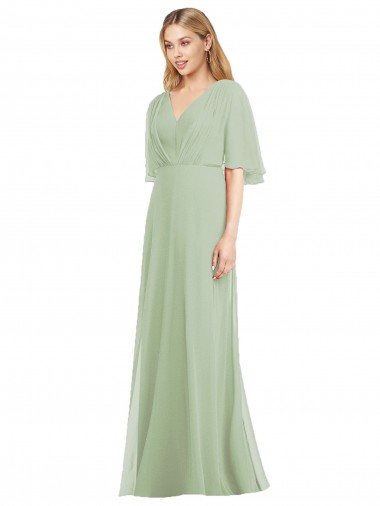 Achat Vert fumée Trompette Col V Mousseline Longue Robes demoiselle d'honneur