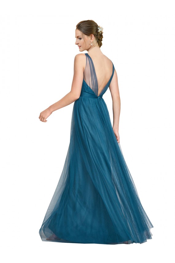 Achat Vert sarcelle Trapèze Col V Tulle Longue Robes demoiselle d'honneur