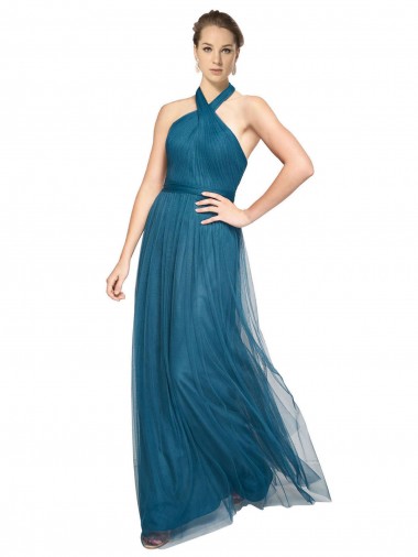 Achat Vert sarcelle Trapèze Licou Col Haut Tulle Longue Robes demoiselle d'honneur