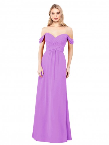 Achat Violet Trapèze Épaule Dénudée Mousseline Longue Robes demoiselle d'honneur