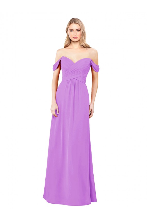 Achat Violet Trapèze Épaule Dénudée Mousseline Longue Robes demoiselle d'honneur