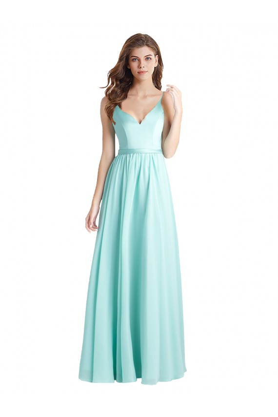 Achat Waterfall Trapèze Col V Mousseline Satiné Longue Robes demoiselle d'honneur