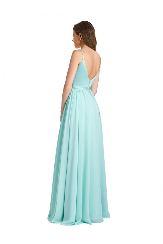 Achat Waterfall Trapèze Col V Mousseline Satiné Longue Robes demoiselle d'honneur